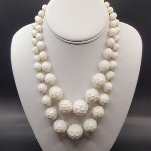 Vintage Signed West Germany Double Strand Bead Choker Necklace White Snowball